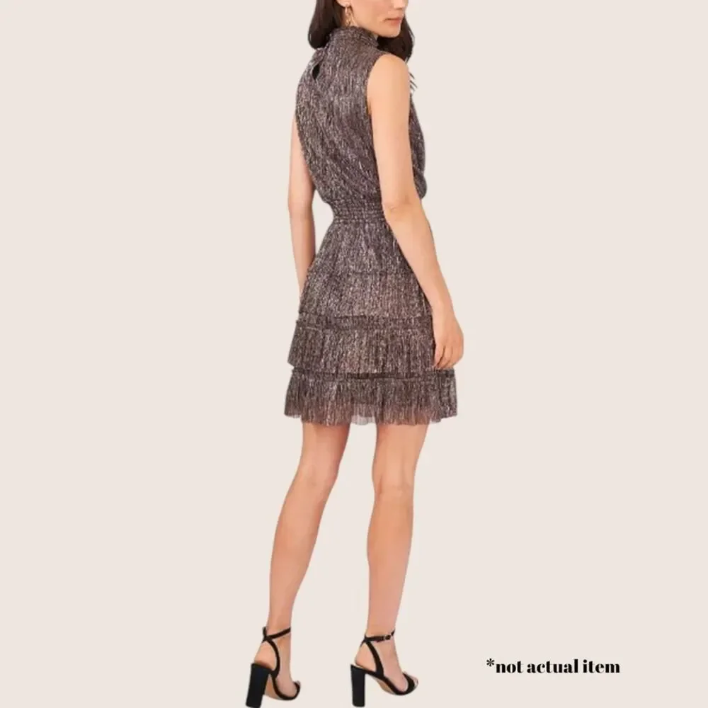 🌟 1 STATE METALLIC TIERED SMOCKED WAIST PUFF SHORT SLEEVE FULLY LINED DRESS XS - Picture 4 of 8